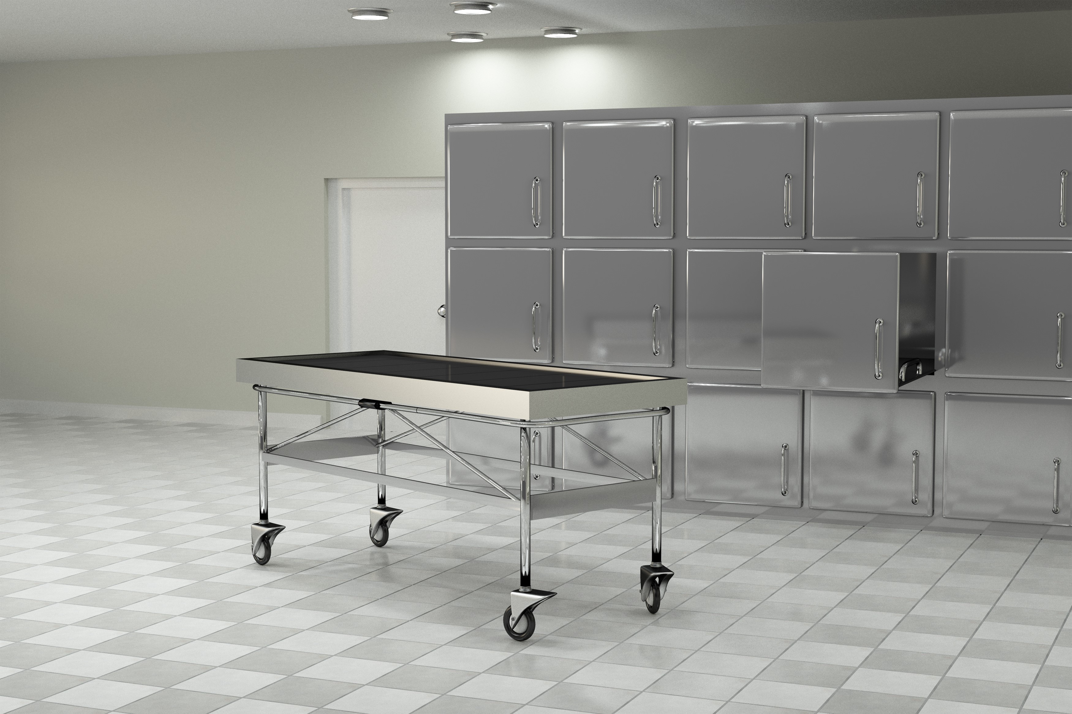 Image of a rolling autopsy table and a modular morgue. 